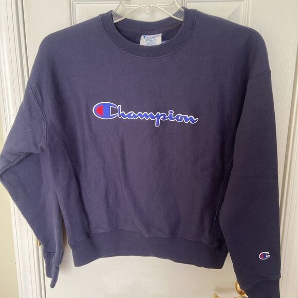 2/$30 Vintage Champion Reverse Weave Sweatshirt Women Medium Blue Logo Pullover - Picture 2 of 16